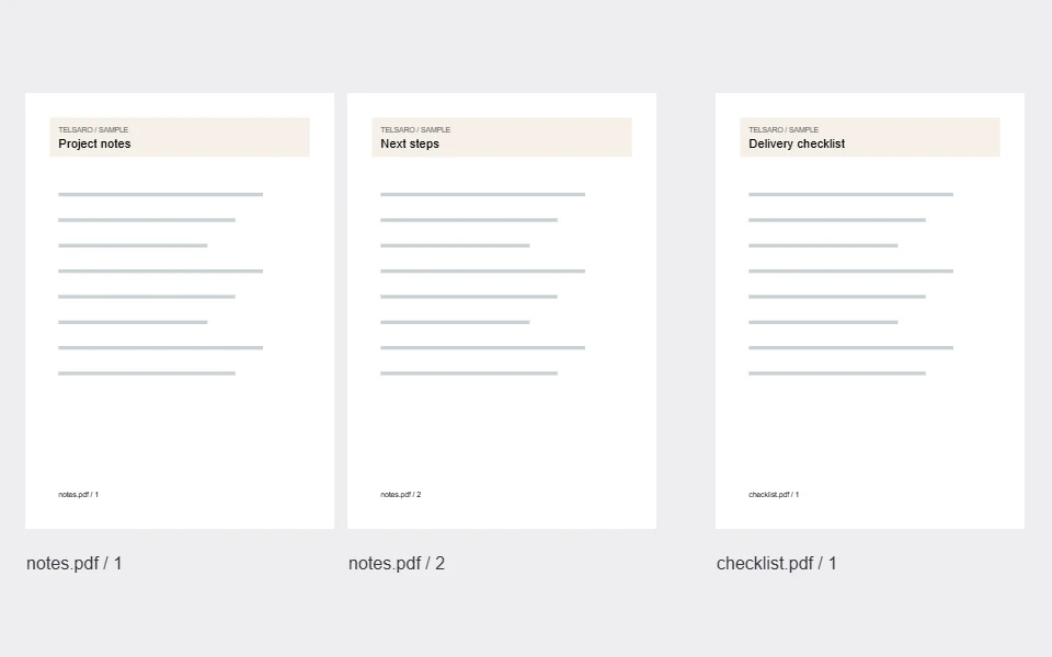 Dues pàgines de notes i una llista de comprovació d'una pàgina en dos fitxers PDF separats